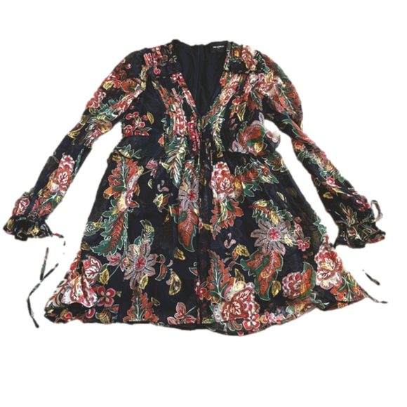 The Kooples Bollywood Silk Floral Mini Dress Black Multicolor Boho Party Sz 1, S - Picture 5 of 16